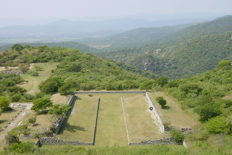 The structure of these ancient ballcourts varies a bit, but at each site there's a consistent pattern: a playfield framed by two embankments.