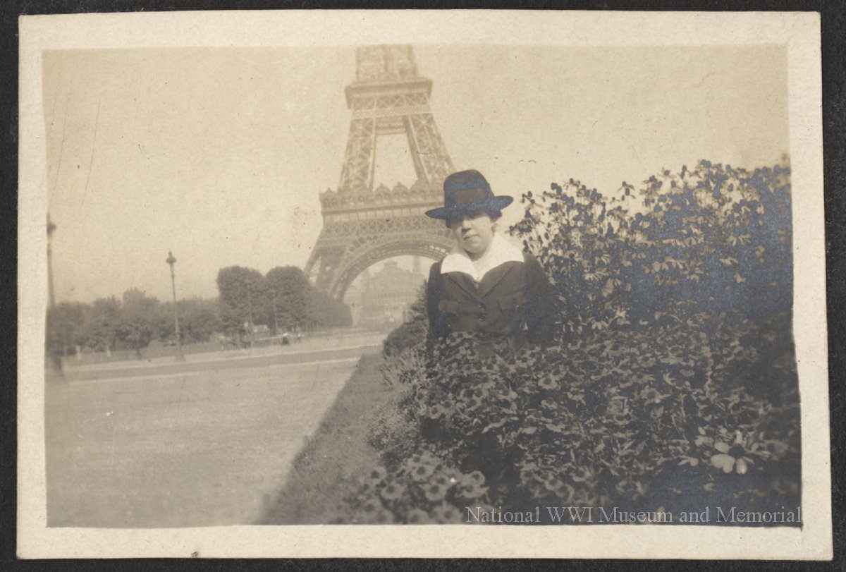 Alta May Andrews of the Army Nurse Corps was stationed at American Red Cross Hospital No. 1 in Paris. She included this picture of the Eiffel Tower in her photo album, which also featured images from the battlefield.