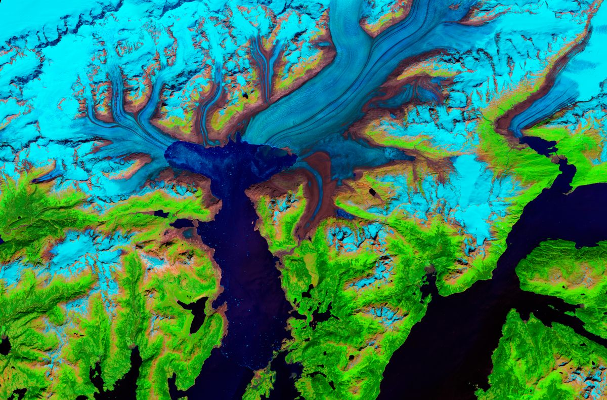 This false-color image shows Alaska's Columbia Glacier, which stretches through the Chugach Mountains into Prince William Sound, as it appeared in July 2014. The glacier is fast-moving, thinning, and retreating.