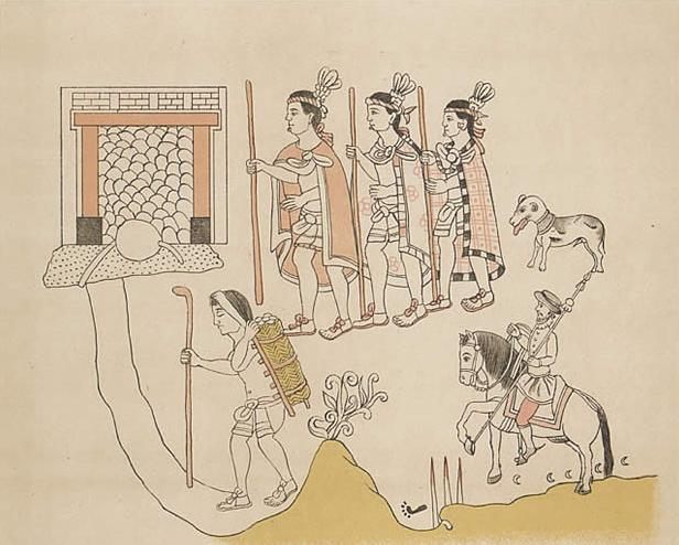 A page from the <em>Lienzo de Tlaxcala</em>, a Tlaxcalan document, showing a Spanish conquistador, three Tlaxcalan soldiers, and a native porter entering Chalco during the colonial conquest.