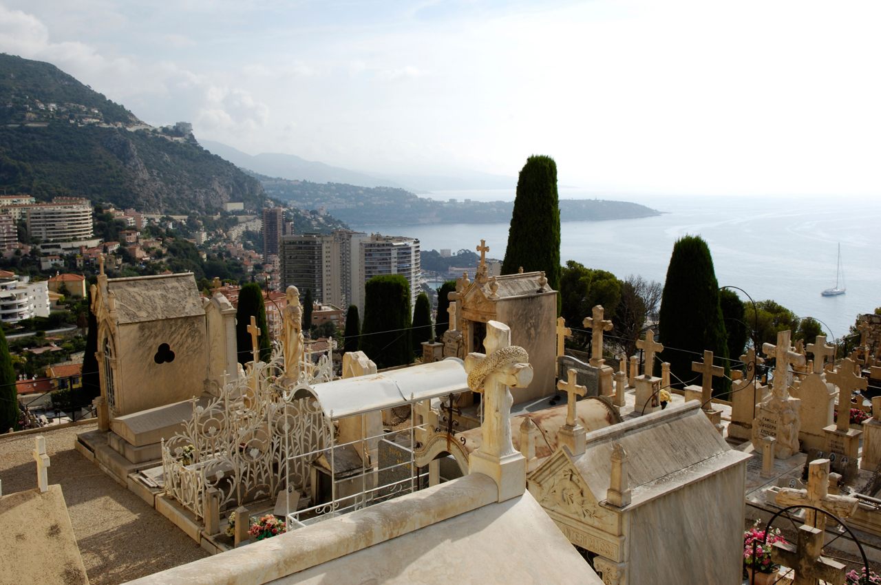 Monaco's cemetery crawls up a hillside overlooking the Mediterranean. 