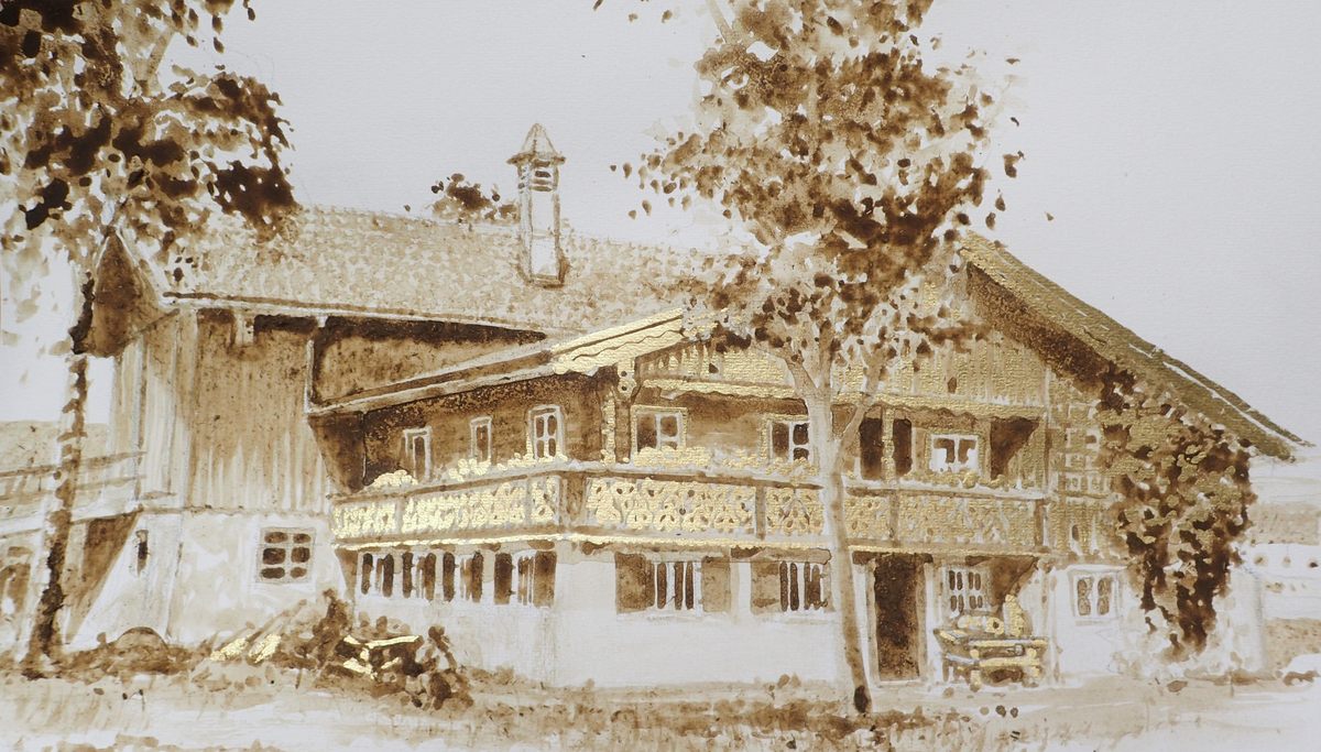 For this depiction of a traditional Bavarian farmhouse, Härtl combined cow dung and gold leaf.