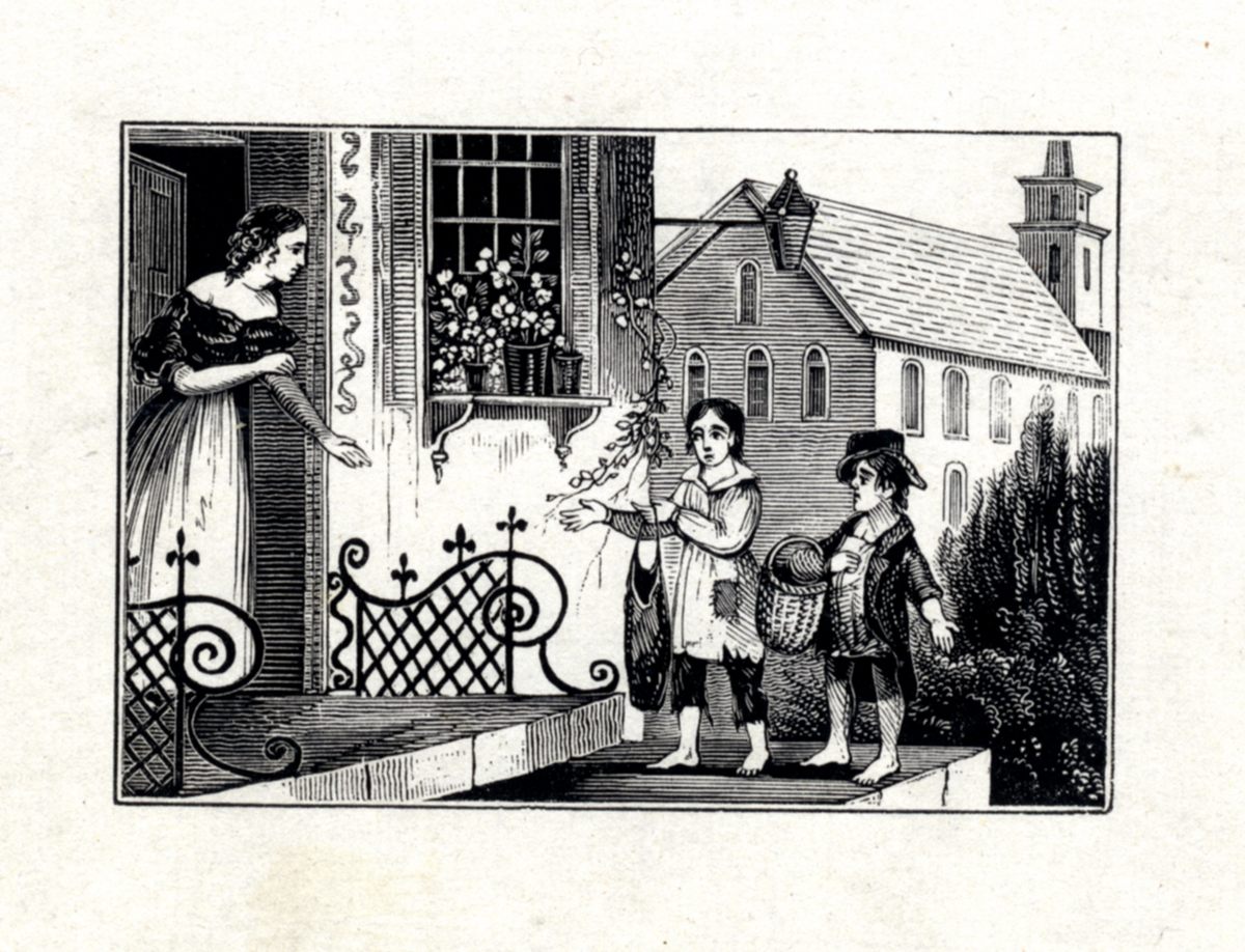 The plants growing in the window of this woman's house, shown in the 19th-century scrapbook of Albert Alden, were designed to freshen the air as it blew inside.