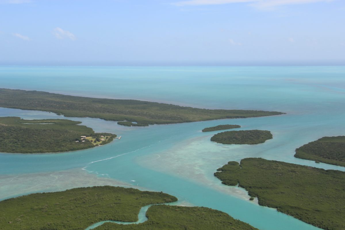 Caesar Creek in Biscayne National Park; Caesar's Rock is on the narrow islet beside Meigs Key, a larger oval island at right of center. The creek opens onto an area of dangerous reefs.