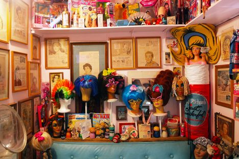An array of wigs on display.