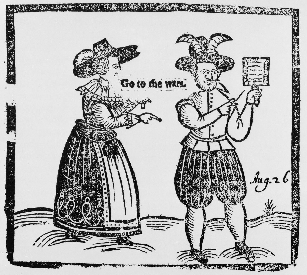 A 17th-century recruitment pamphlet shows a woman encouraging her husband to fight, but growing evidence suggests some women also took up arms during the English Civil War.