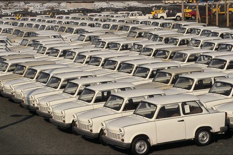 One last batch of Trabants in 1991 at the factory lot in Zwickau, Germany.