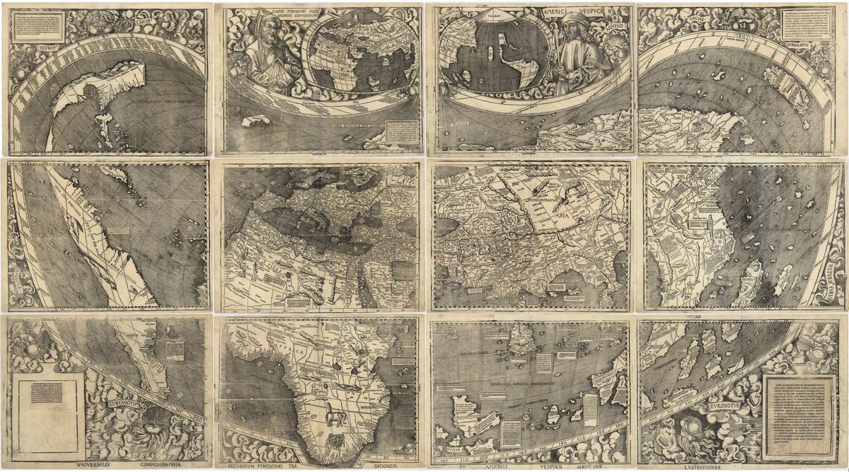 The Waldseemüller wall map, <em>Universalis cosmographia secundum Ptholomaei traditionem et Americi Vespucii alioru[m]que lustrationes</em>, 1507.
