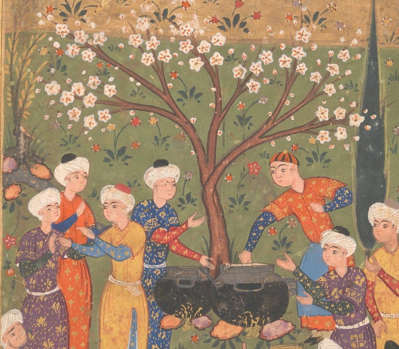 A group preparing a noonday meal in the 16th century.