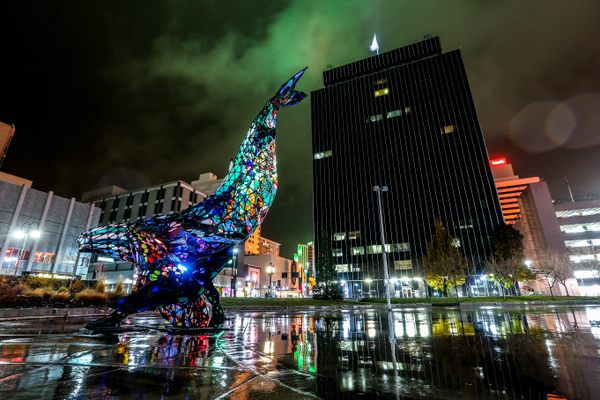 A view of the Space Whale lit up at night in front of Reno’s City Hall. 