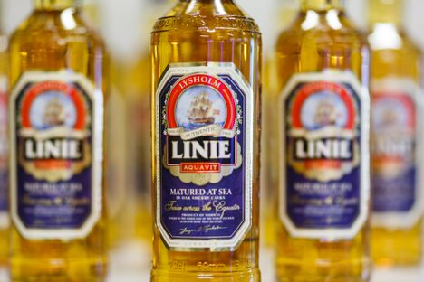 Bottles of Linie Aquavit, the spirit "matured at sea."