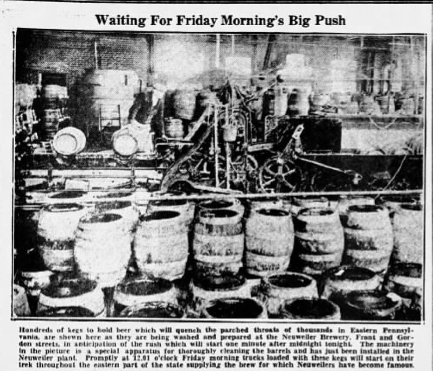 Barrels on barrels of beer stand at the ready in Pennyslvania to be consumed at 12:01 AM on April 7th, the day the Cullen-Harrison Act went into effect