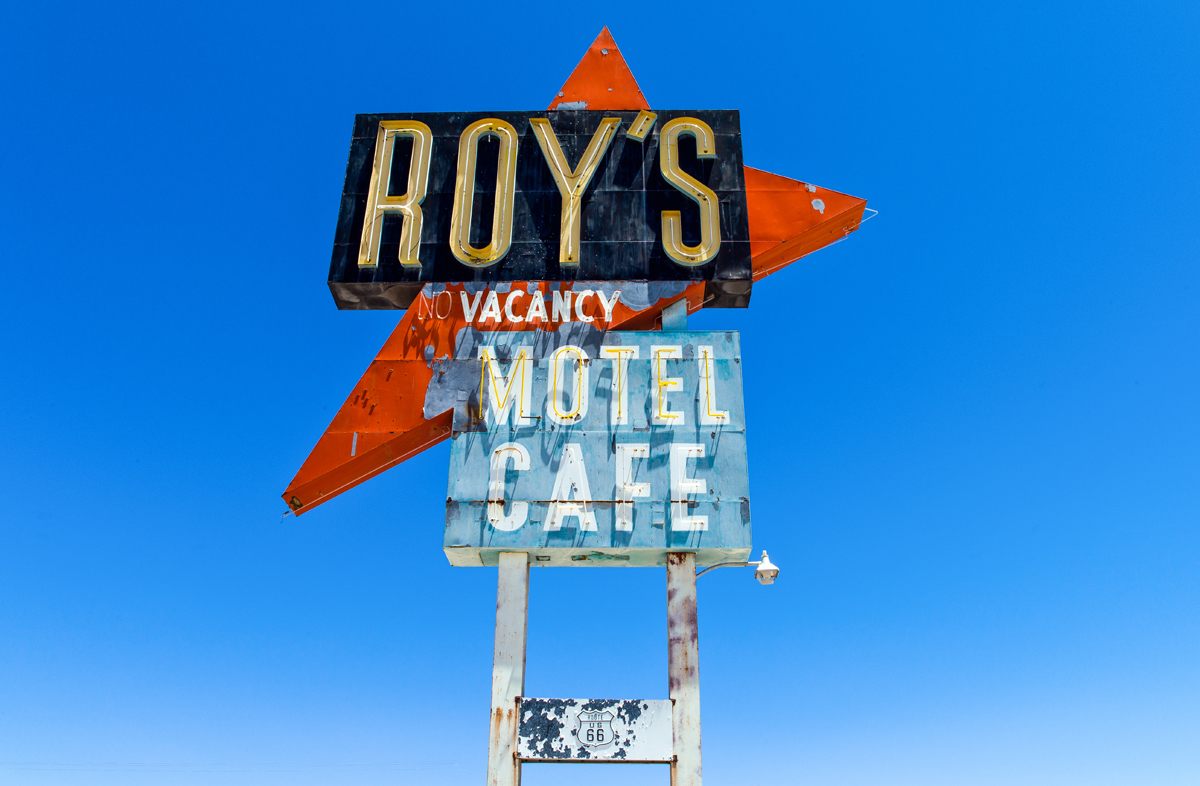 The sign for Roy's Motel and Cafe in Amboy, California.
