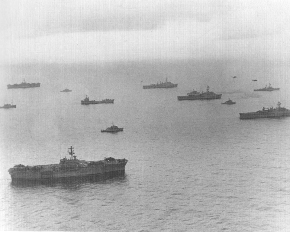 Ships sweeping for mines in 1973.