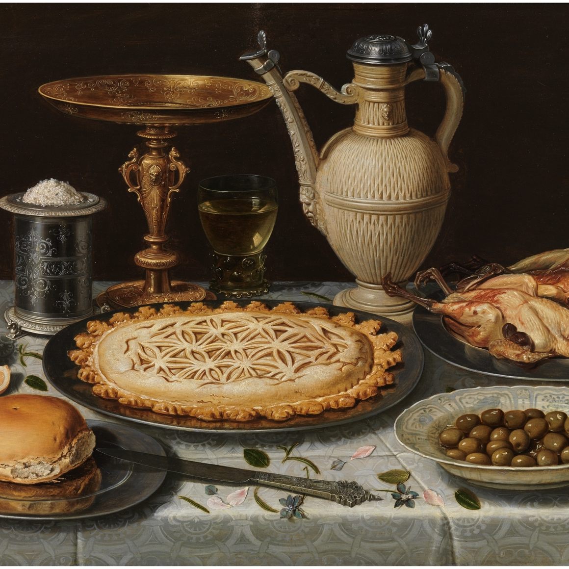 Clara Peeters, Table With a Cloth, Salt Cellar, Gilt Tazza, Pie, Jug, Porcelain Dish With Olives, and Roast Fowl, c. 1611