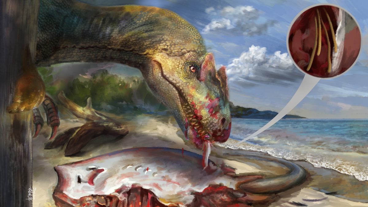 A hypothetical ecological reconstruction of the fossil trypanorhynch tapeworm after the dead host was possibly scavenged by a dinosaur (drawn by YANG Dinghua).
