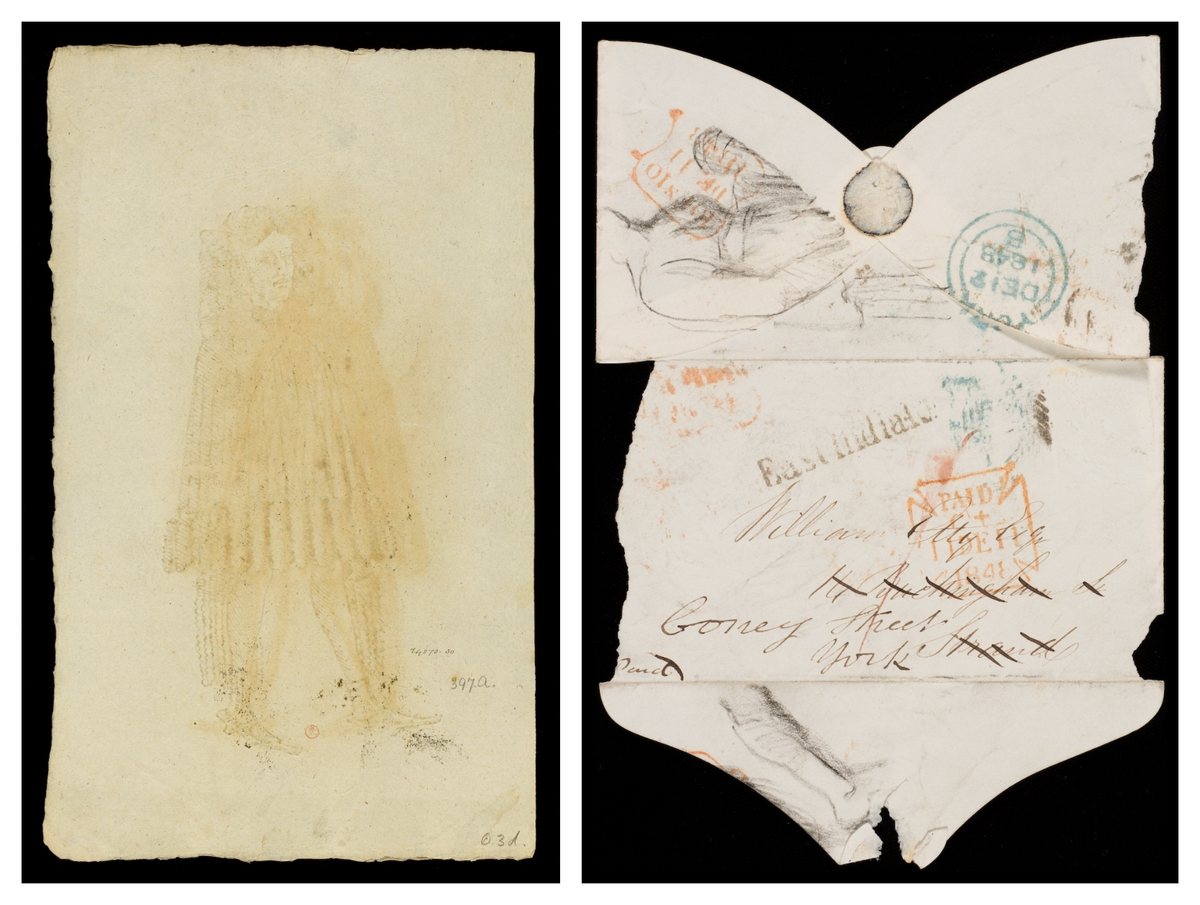 Once, Eksts peeped at the back of a sketch by William Etty and realized that the misshapen piece of paper was actually an inside-out envelope (right).