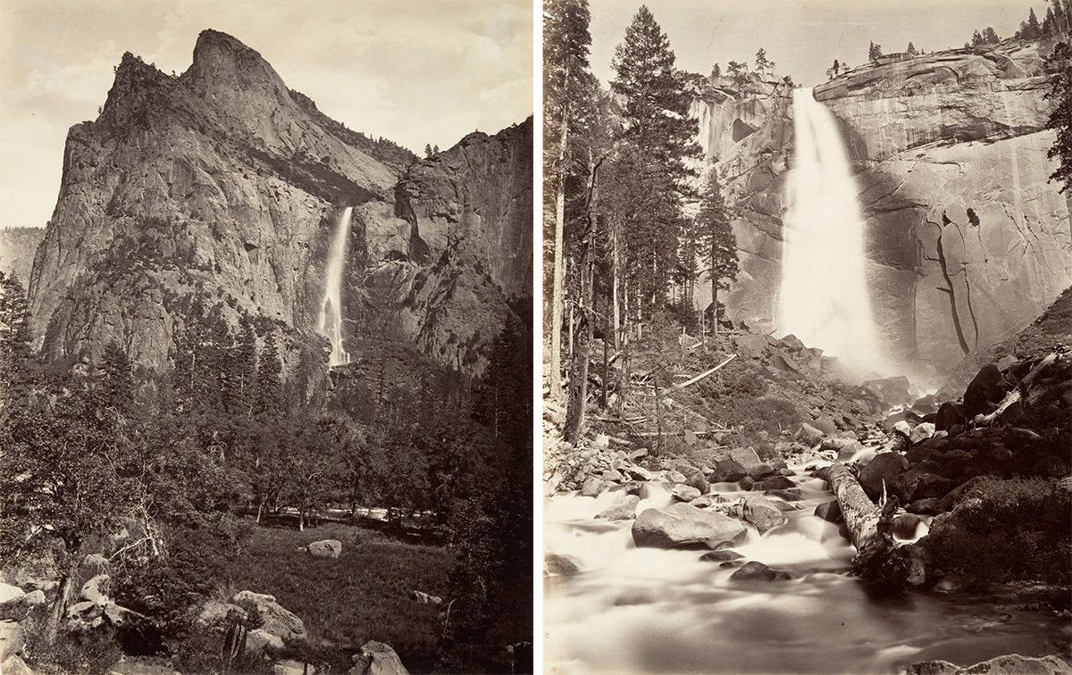 Bridal Veil Falls (left) and Nevada Falls (right) in Yosemite, Carleton E. Watkins, 1872.
