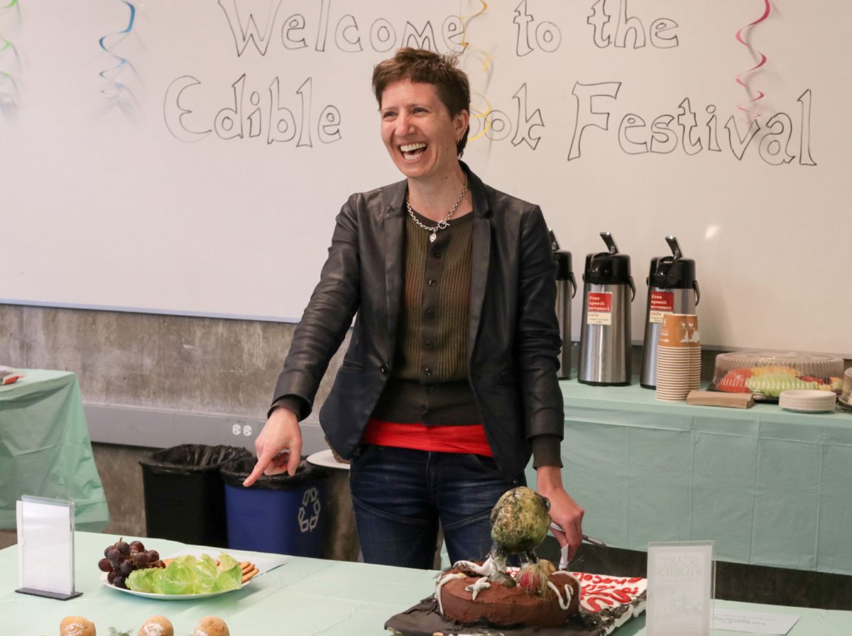 Rosalie Fanshel, of the Berkeley Food Institute, laughing about an edible book.