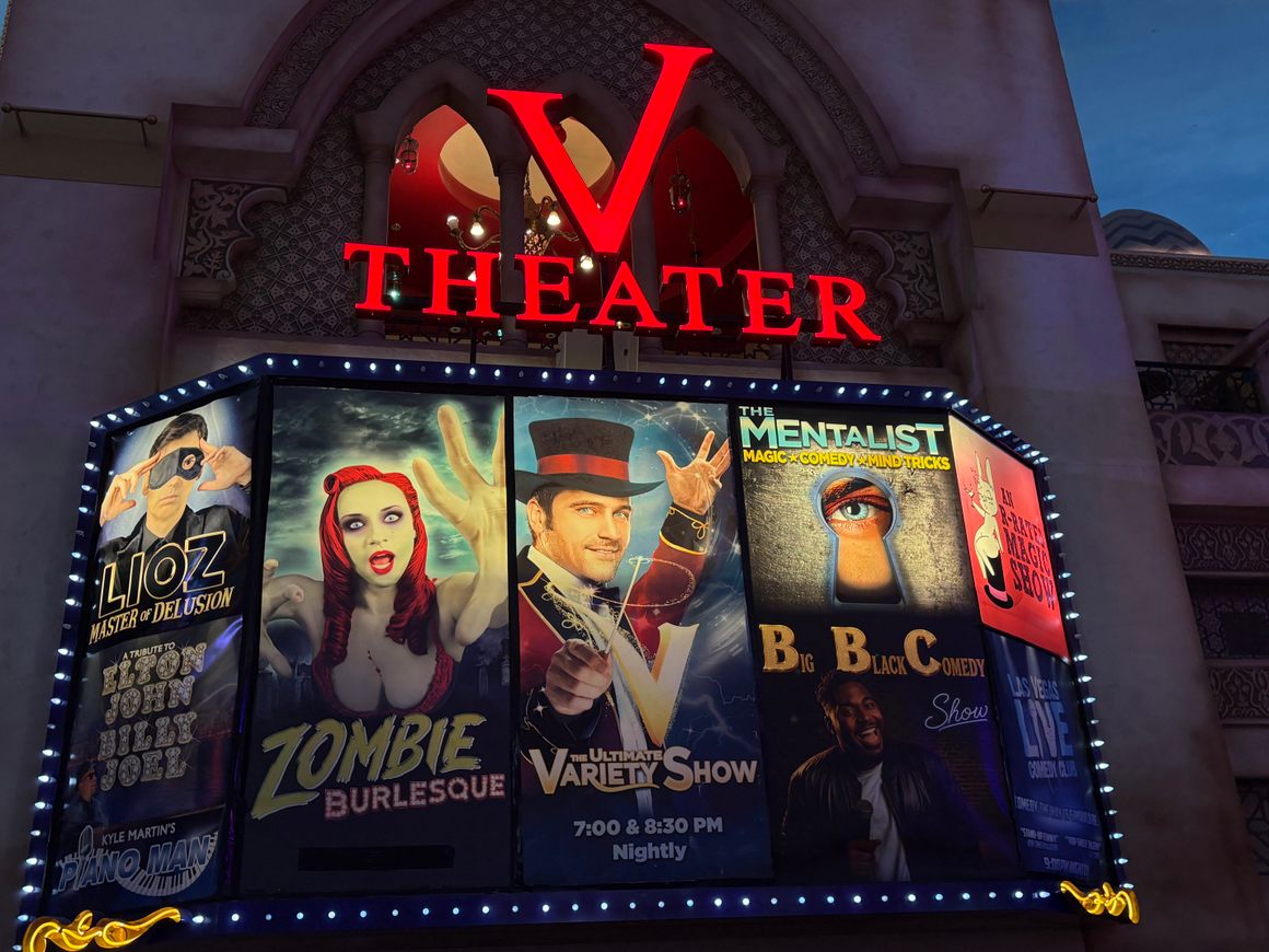 The V Theater and its ecclectic assortment of shows stands out in a crowded Las Vegas mall. 