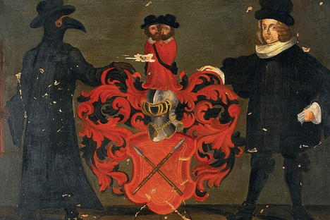 A coat of arms from the turn of the 17th century, featuring a plague doctor and, presumably, the Swiss physician Theodore Zwinger III.