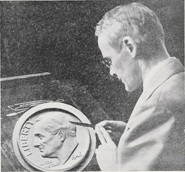 U.S. Mint Chief Engraver John Sinnock posing with the Roosevelt dime plaster model. 