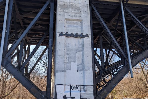 Metal waves marking how high the water got during Hurricane Hazel