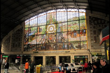 This stained glass window celebrates Basque culture.