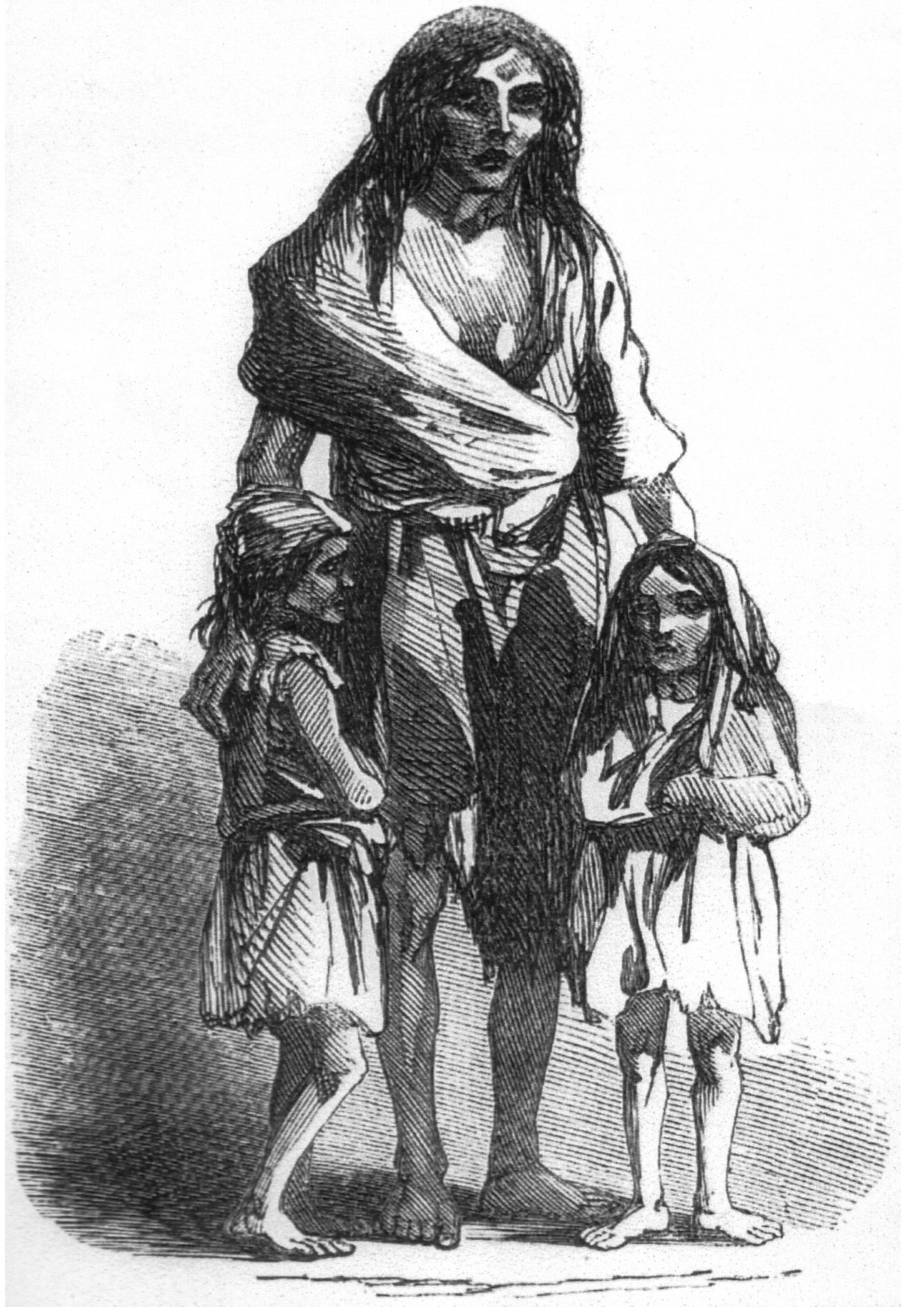 An 1849 drawing shows an Irish woman and her two children during the famine.