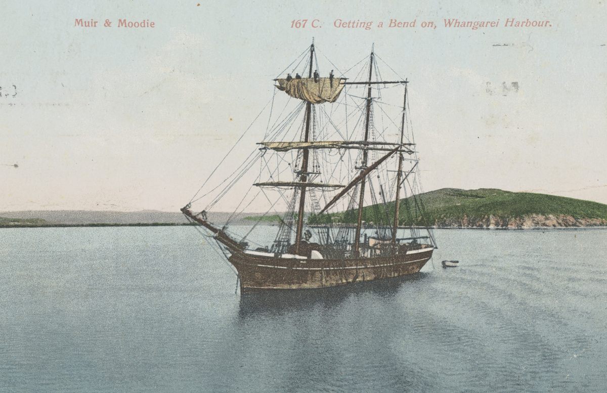 An early 20th-century ship in Whangerai Harbor on New Zealand's North Island and near the Māori village where Cornish missionary William Colenso traded a cast iron pot for an artifact now known as the Tamil Bell.