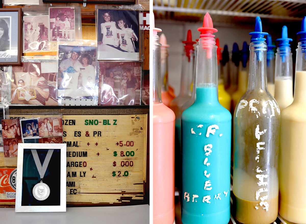 Hansen’s history surrounds the shop’s 2014 America’s Classic award from the James Beard Foundation (left). Decades-old, handwritten labels from the shop’s original days are still visible on some syrup bottles (right).
