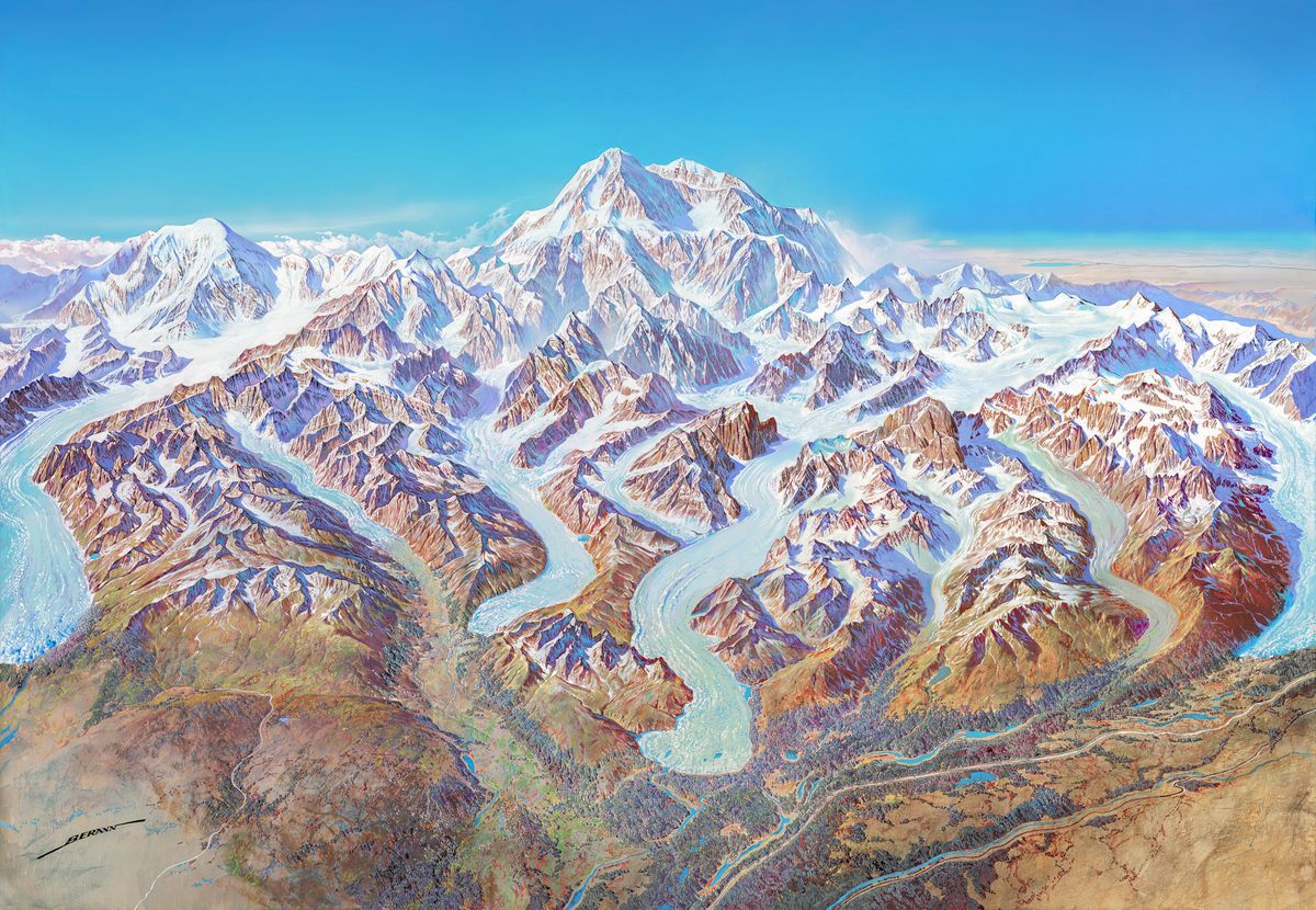 Berann had a lot of practice painting snow-capped mountains, which he applied to Mount McKinley (now known as Denali).