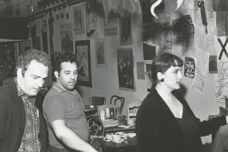 Joe Cino, middle, in the re-opened Caffe Cino, some months after a 1965 fire.