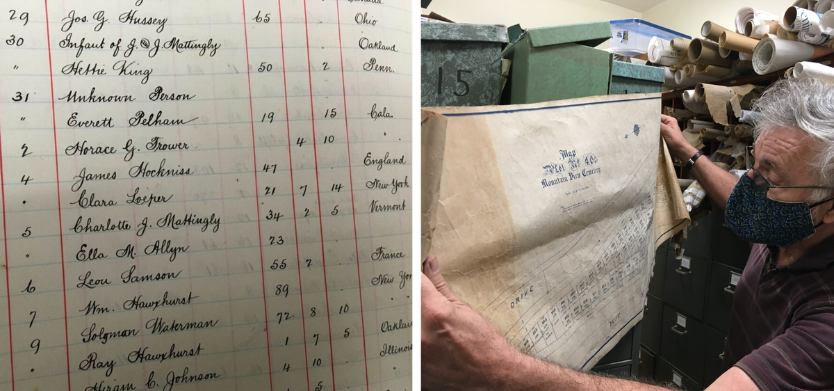Clara Loeper's name appears in a cemetery ledger (left), and Dennis Evanosky gets the lay of the land at Mountain View Cemetery (right).