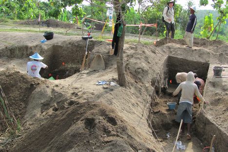Excavations in the terraces of the Solo River, where just over 100,000 years ago, Homo erectus remains piled up. 