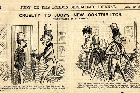 The illustrator behind this strip of Ally Sloper, "Cruelty To Judy's New Contributor," has been forgotten for years. 
