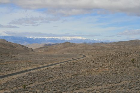 View westward from Palmetto site.  The highway is Nevada SR-266; the snowcapped range on the skyline is the White Mountains.