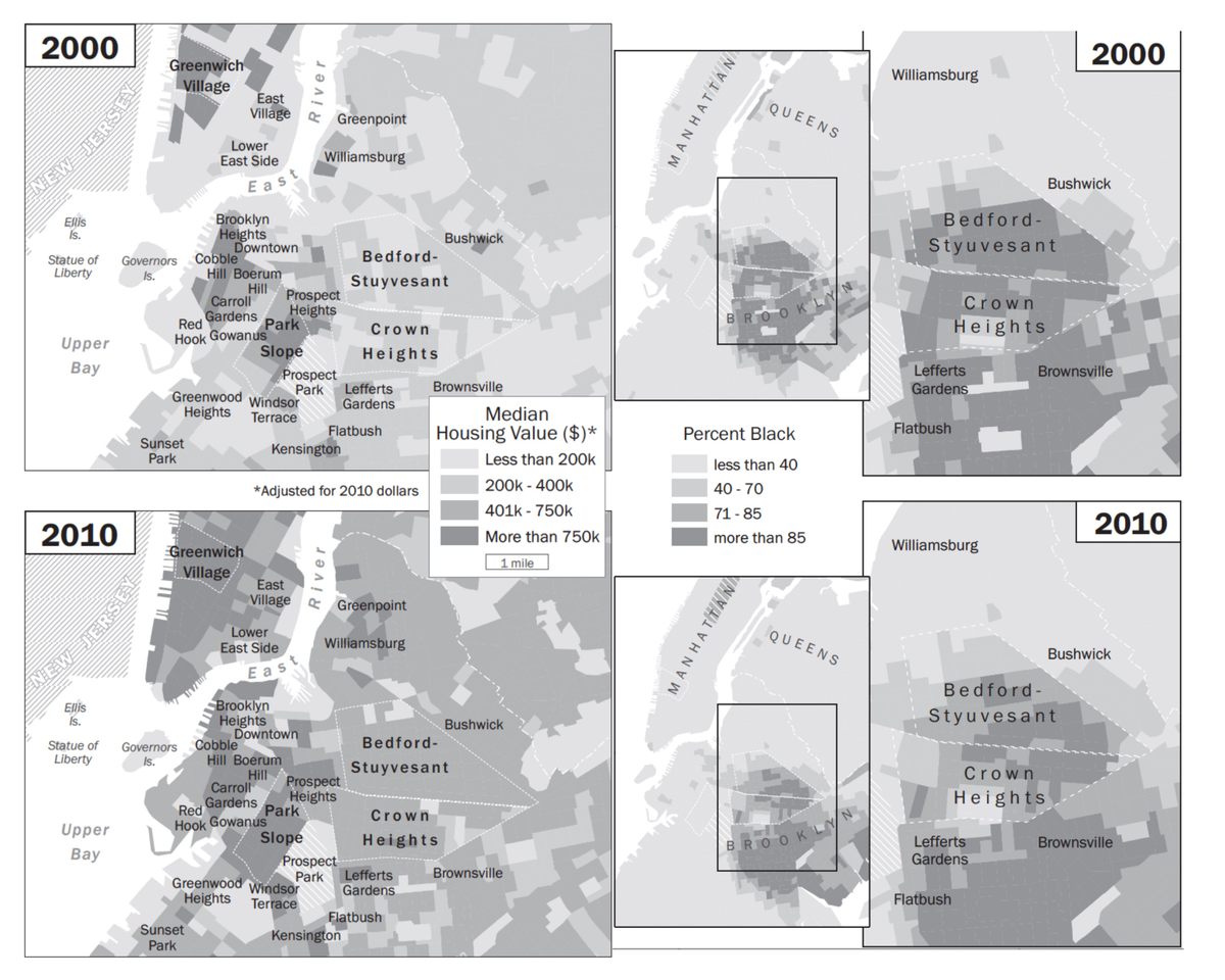 Census map showing property values, left; census map showing percentage of African-American population, right.
