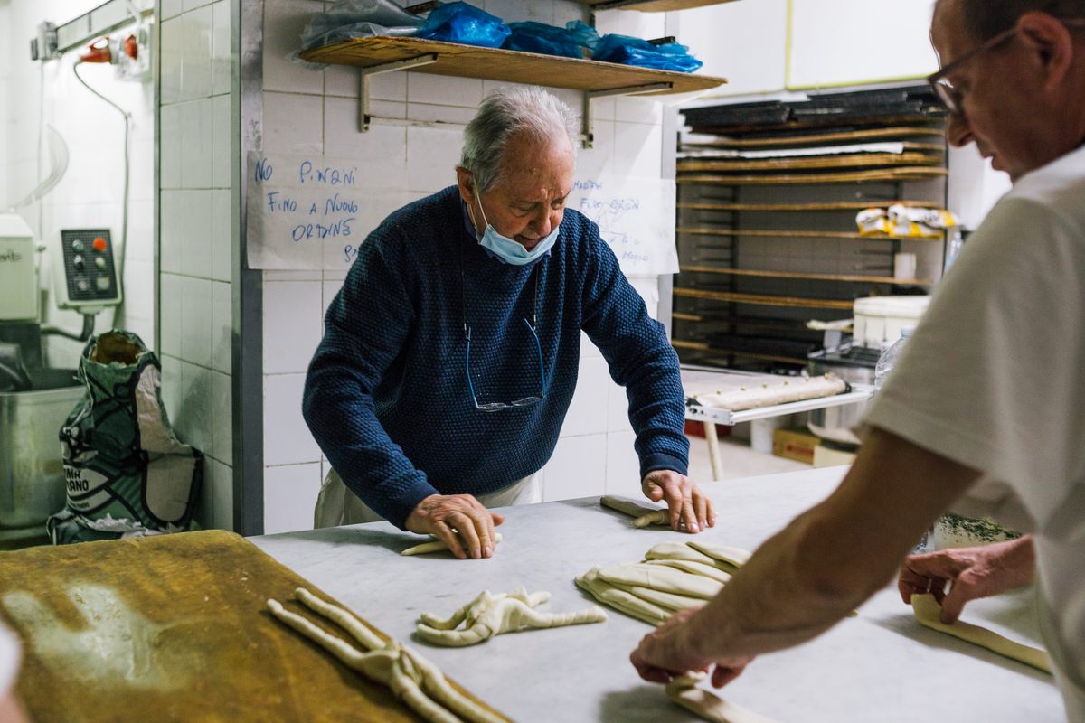 Baker Sergio Perdonati in the middle of the making of coppia bread.