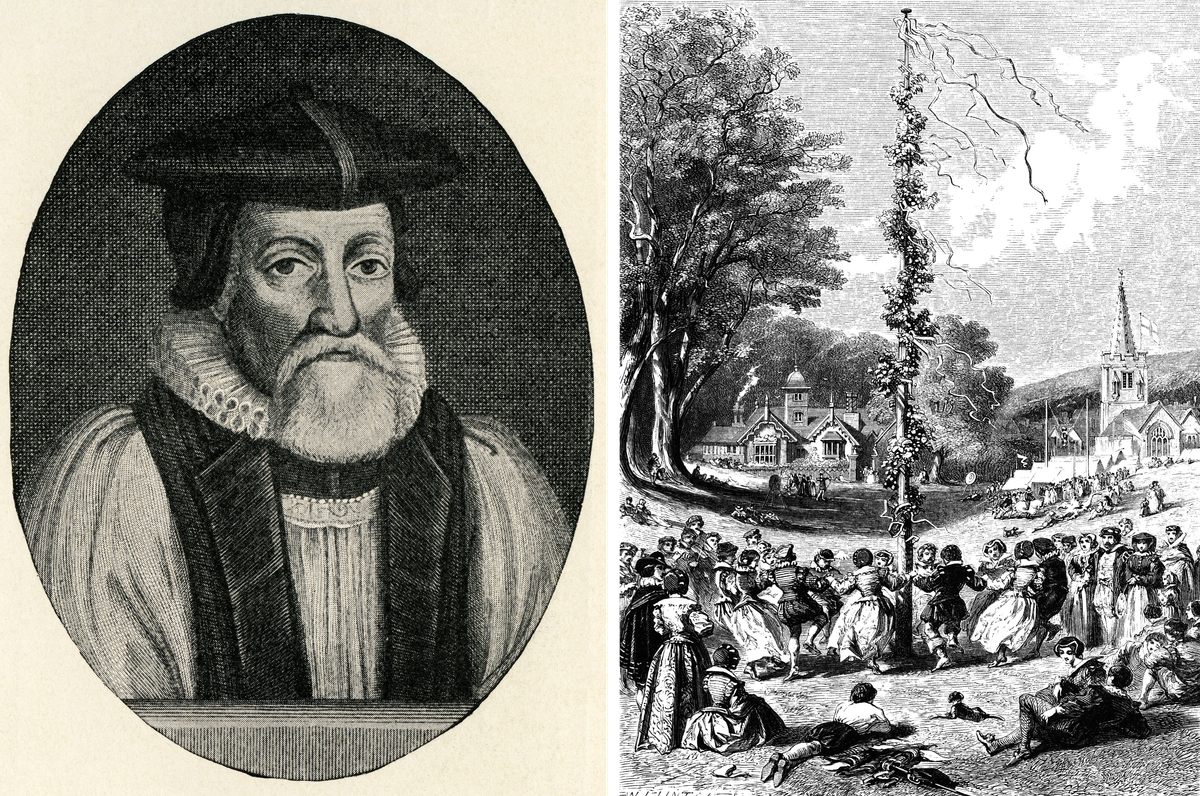 Thomas Morton (left) was fond of maypoles and May Day celebrations, like this 17th-century one in England (right).