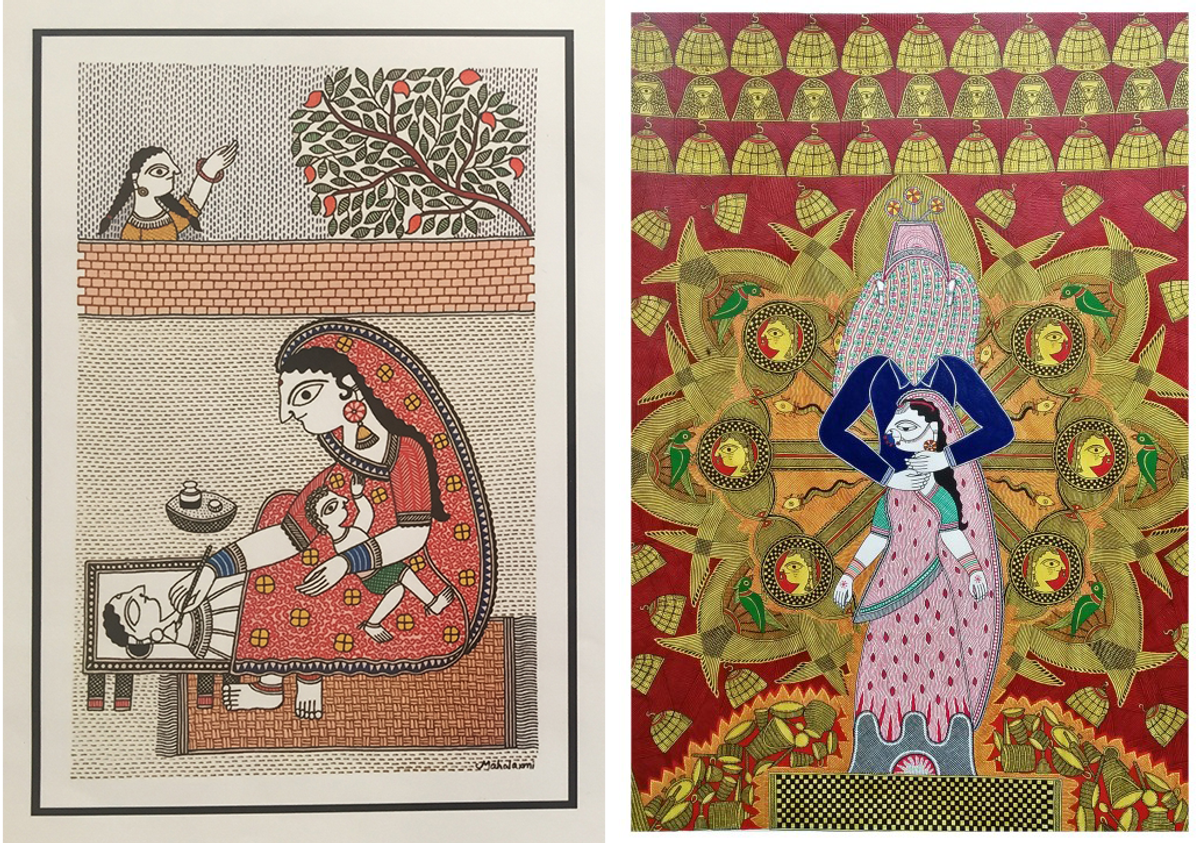 Left: "Household Diaries," an ongoing series by Mahalaxmi and Das, depicts local women in what Mahalaxmi calls their “various incarnations”—wives, mothers, workers, painters. Right: In another series, called “Kohbar Monologues,” the artists address issues surrounding marriage. This painting is a stark commentary on dowries—an entrenched practice, banned by India and other countries, in which a bride’s family pays a groom’s. Dowries can create an unequal economic dynamic among families, which can in turn lead to violence.