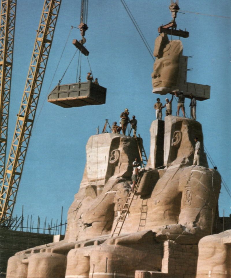 Moving the colossal stone structures of Abu Simbel in Egypt. 