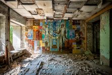 A mural celebrating Russian space exploration remains on the wall at Prypiat's abandoned post office, which once served nearly 50,000 residents.