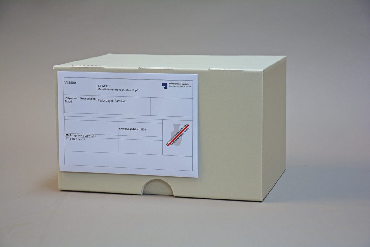 A boxed toi moko from Berlin's Ethnological Museum, repatriated to New Zealand.