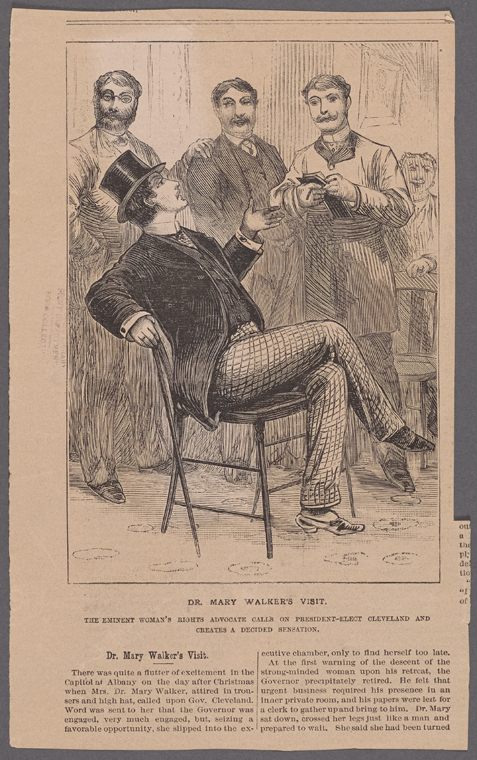 A cartoon depicting the "eminent women's rights activist" Walker during her visit to meet President-Elect Grover Cleveland in 1885. A "strong minded woman" who "crossed her legs just like a man," it stated."