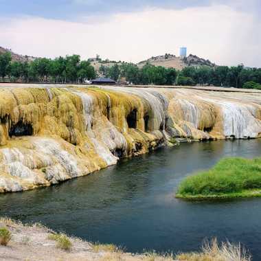 The colorful travertine Mineral Terrace, as seen from the Swinging Bridge.