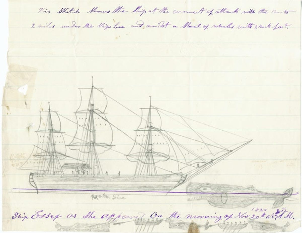 Drawing of <em>Essex</em> being struck by the whale, sketched later in life by Thomas Nickerson, who was a cabin boy on the ship and more than 50 years later wrote about the ordeal in <em>The Loss of the Ship “Essex”</em>.