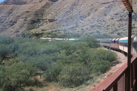 Train rounding a bend.  Looking back.