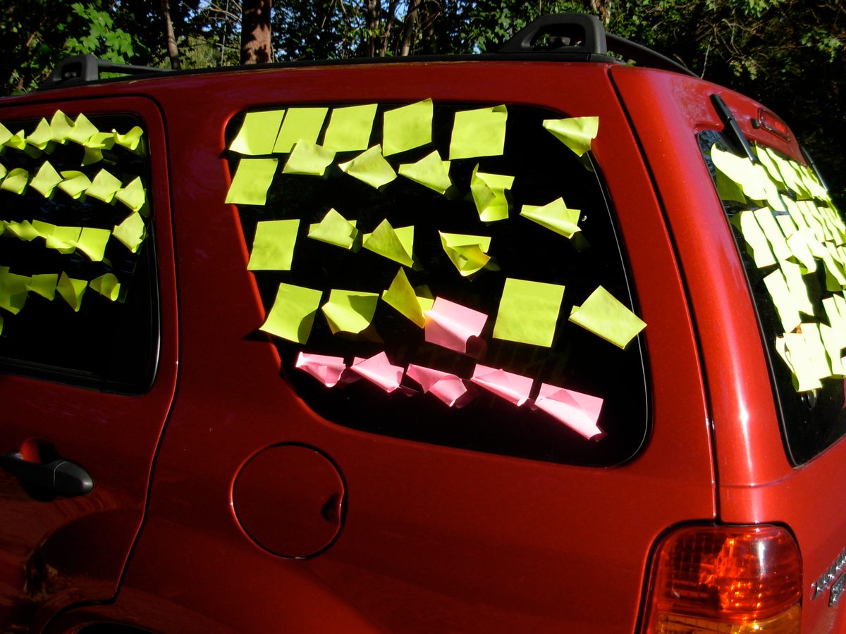 Mischief Night pranks, like this one in Philadelphia in 2007, can be rather mild. The sticky notes are preferable to, say, having the windows soaped.