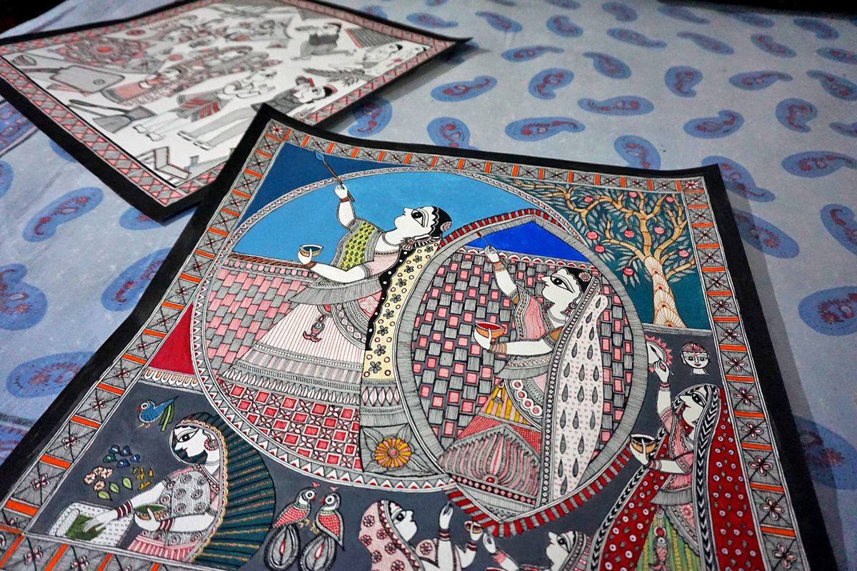 A former social worker, Rani Jha focuses on gender issues, including female seclusion, female feticide, and male migration. This reflexive painting of hers shows female Mithila artists at work.